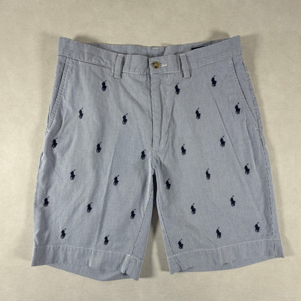 Polo Ralph Lauren Mens Blue Striped All Over Pony Logo Shorts 30 Classic Fit